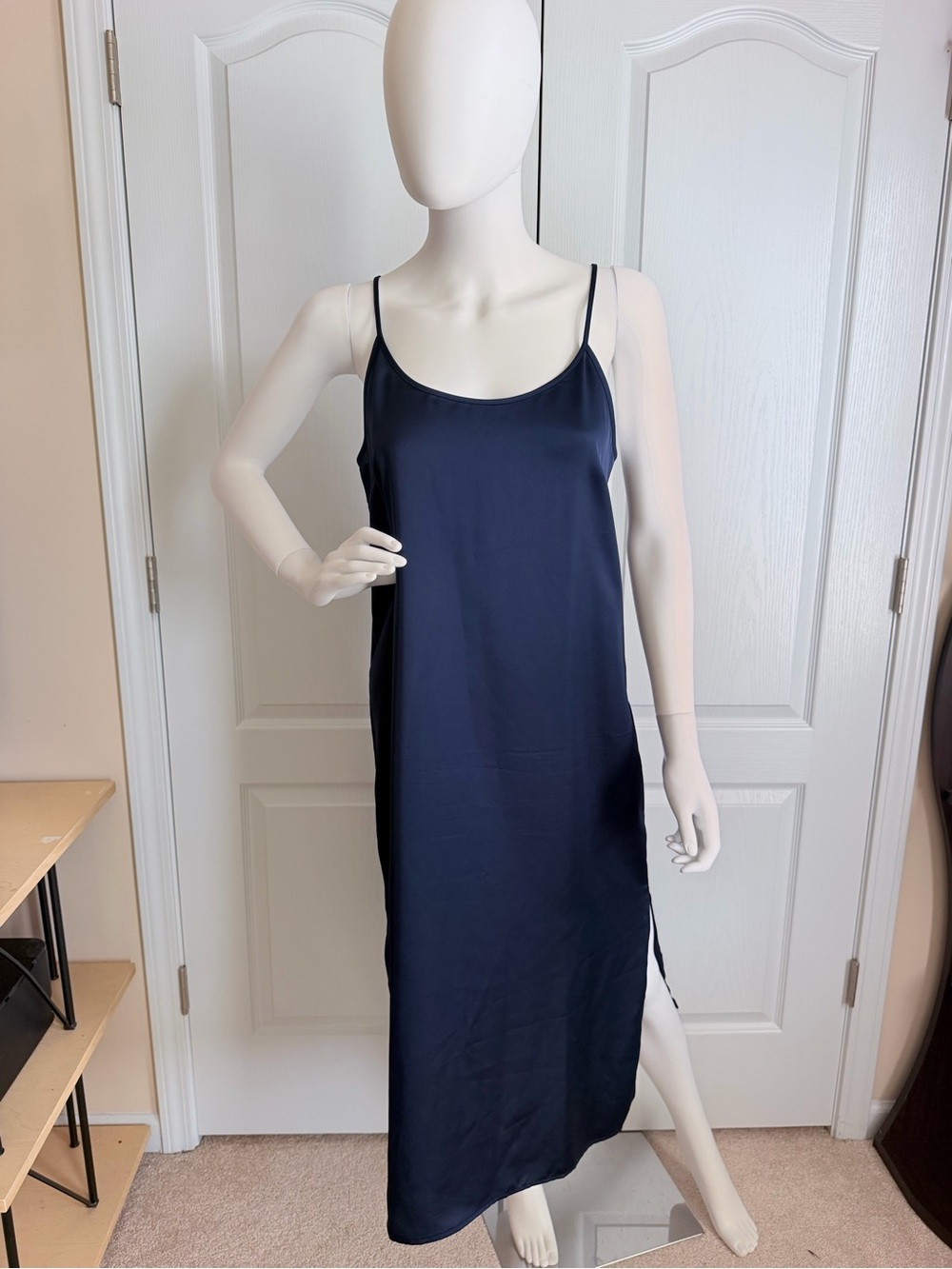 J. Crew Navy Satin Slip Side-Slit Hem Midi Dress w/Spaghetti Straps Size S